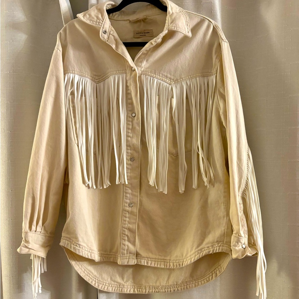 Saints & Hearts, cream and white fringed 100% cotton snap front shirt size  M